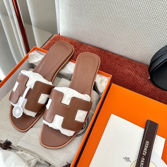 Hermes Tan Leather Slide Sandals - Picture 1 of 9